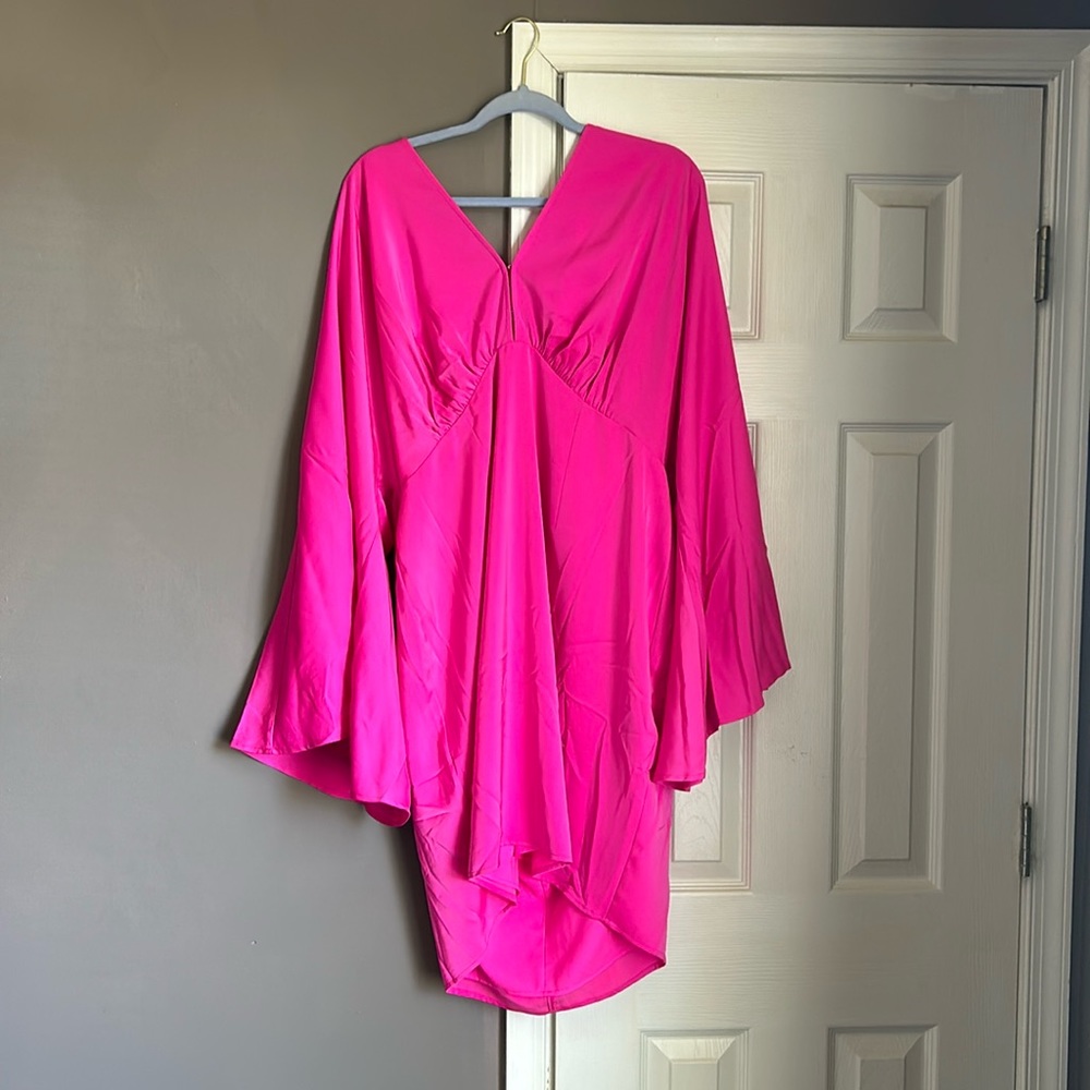 Women’s long bell sleeve dress in Barbie pink